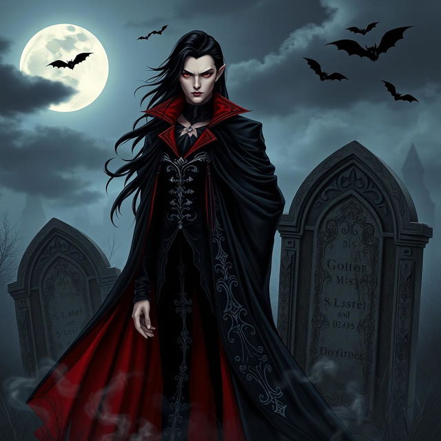 A striking vampire character design for a gothic novel cover, featuring a tall, elegant figure with long flowing black hair and sharp, angular features