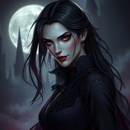 A stunning vampire character design, embodying a nugothic style with intricate, dark clothing featuring lace and velvet textures