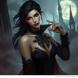 A stunning vampire character design, embodying a nugothic style with intricate, dark clothing featuring lace and velvet textures