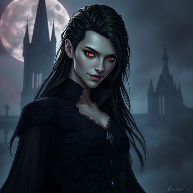 A stunning vampire character design, embodying a nugothic style with intricate, dark clothing featuring lace and velvet textures