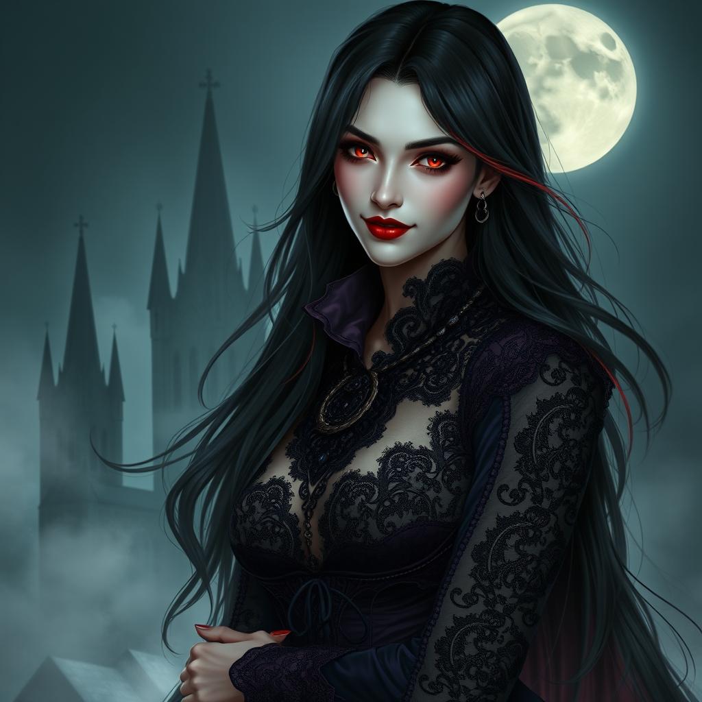 A stunning vampire character design, embodying a nugothic style with intricate, dark clothing featuring lace and velvet textures