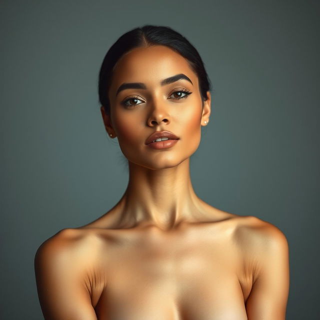 A realistic portrait of a confident woman with smooth, flawless skin that matches her natural skin tone, standing gracefully in an elegant pose