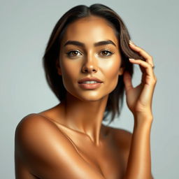 A realistic portrait of a confident woman with smooth, flawless skin that matches her natural skin tone, standing gracefully in an elegant pose