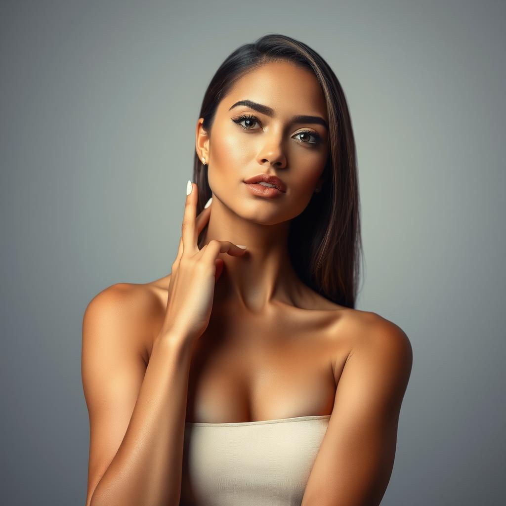 A realistic portrait of a confident woman with smooth, flawless skin that matches her natural skin tone, standing gracefully in an elegant pose