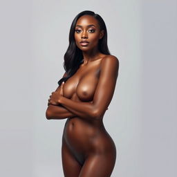 A realistic portrait of a confident woman with smooth, flawless skin that matches her natural skin tone, standing gracefully in an elegant pose