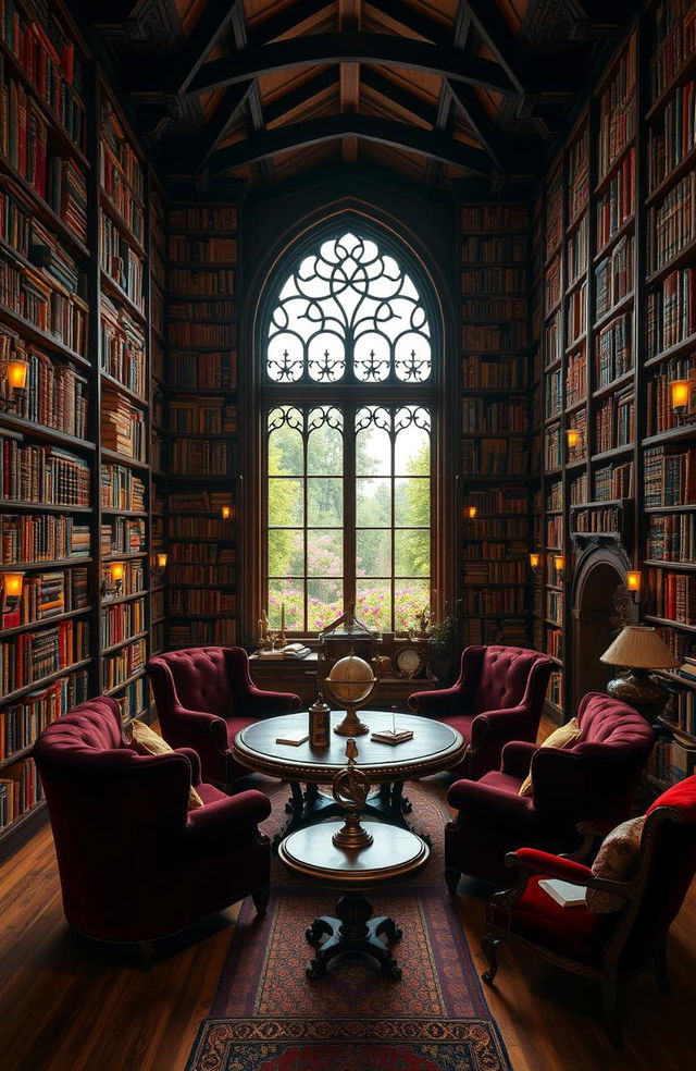 A vast and enchanting library filled with towering bookshelves that reach the ceiling, each shelf bursting with colorful books of all sizes, many of which have ornate, gilded spines