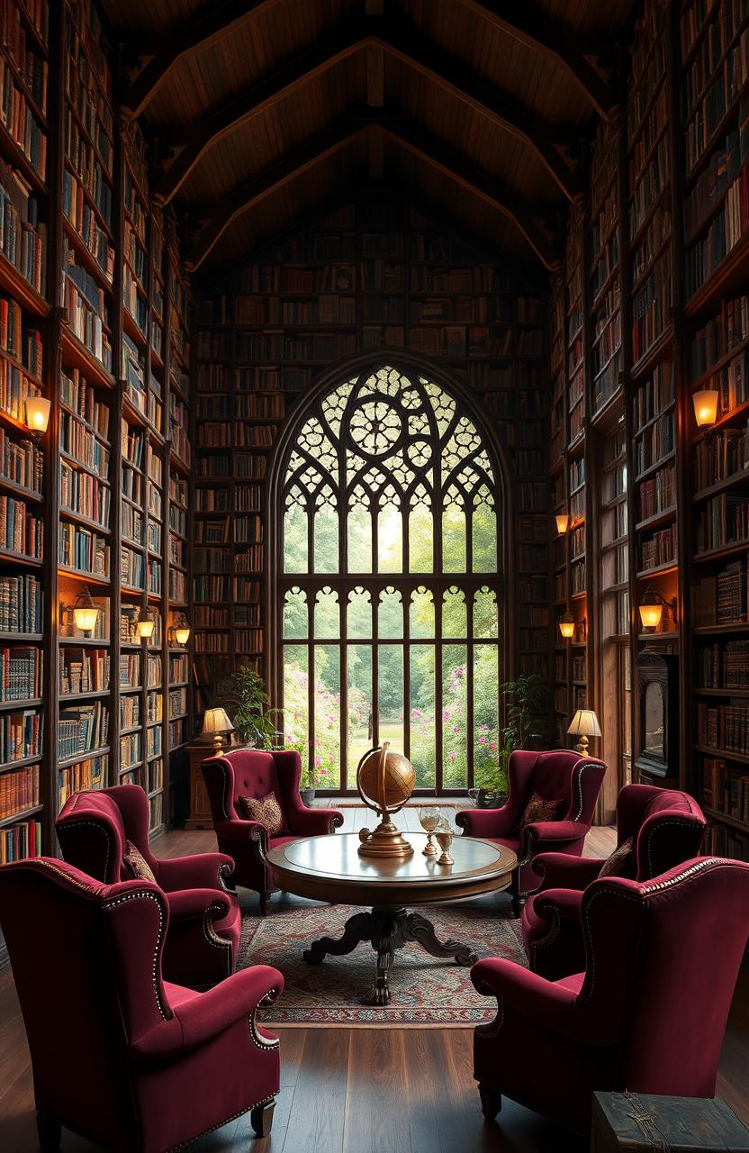 A vast and enchanting library filled with towering bookshelves that reach the ceiling, each shelf bursting with colorful books of all sizes, many of which have ornate, gilded spines