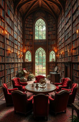 A vast and enchanting library filled with towering bookshelves that reach the ceiling, each shelf bursting with colorful books of all sizes, many of which have ornate, gilded spines