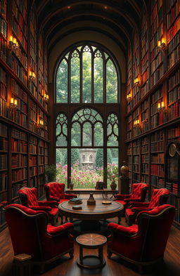 A vast and enchanting library filled with towering bookshelves that reach the ceiling, each shelf bursting with colorful books of all sizes, many of which have ornate, gilded spines
