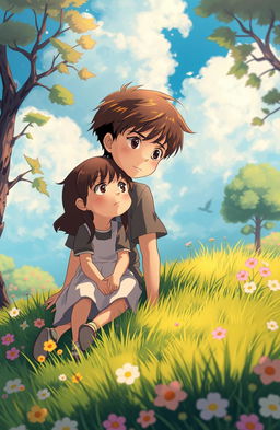A touching scene in a Studio Ghibli style featuring a boy and a girl who are deeply in love