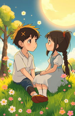 A touching scene in a Studio Ghibli style featuring a boy and a girl who are deeply in love