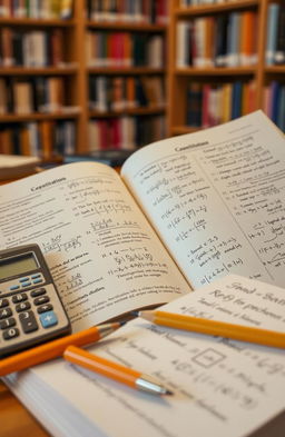 A focused study scene showcasing an open textbook with detailed examples of algebraic functions, neat calculations, and various mathematical symbols on the pages
