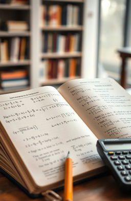 A focused study scene showcasing an open textbook with detailed examples of algebraic functions, neat calculations, and various mathematical symbols on the pages