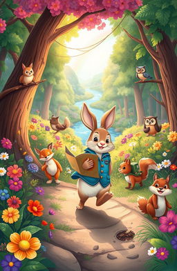 A whimsical illustration for a children's storybook, depicting a vibrant, enchanted forest filled with colorful flowers and playful animals