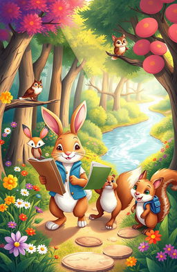 A whimsical illustration for a children's storybook, depicting a vibrant, enchanted forest filled with colorful flowers and playful animals
