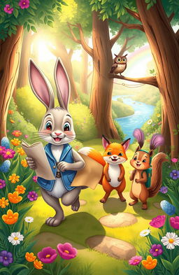 A whimsical illustration for a children's storybook, depicting a vibrant, enchanted forest filled with colorful flowers and playful animals