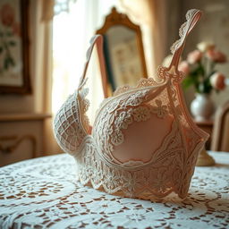 A close-up of a stylish, intricately designed lace bra displayed elegantly on a vintage lace tablecloth