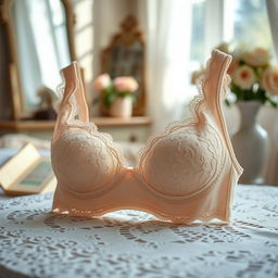 A close-up of a stylish, intricately designed lace bra displayed elegantly on a vintage lace tablecloth