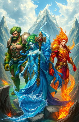 A breathtaking high fantasy scene showcasing the four Elemental Guardians representing earth, water, fire, and air
