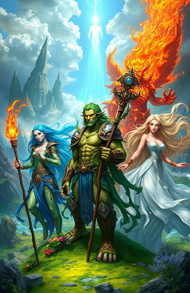 A breathtaking high fantasy scene showcasing the four Elemental Guardians representing earth, water, fire, and air