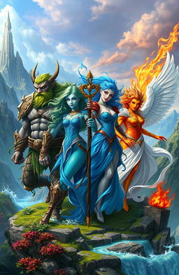 A breathtaking high fantasy scene showcasing the four Elemental Guardians representing earth, water, fire, and air