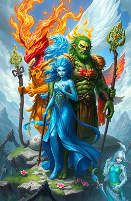 A breathtaking high fantasy scene showcasing the four Elemental Guardians representing earth, water, fire, and air