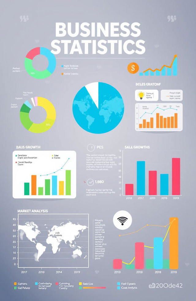 A visually engaging infographic on Business Statistics, featuring various charts such as pie charts, bar graphs, and line graphs