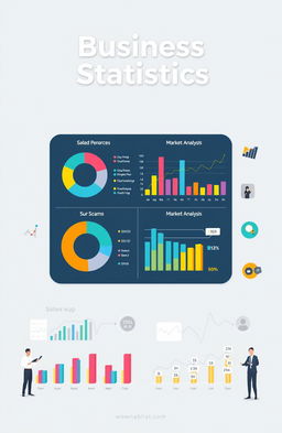 A visually engaging infographic on Business Statistics, featuring various charts such as pie charts, bar graphs, and line graphs
