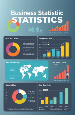 A visually engaging infographic on Business Statistics, featuring various charts such as pie charts, bar graphs, and line graphs