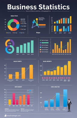 A visually engaging infographic on Business Statistics, featuring various charts such as pie charts, bar graphs, and line graphs