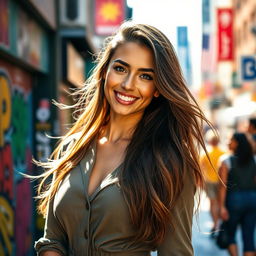 A captivating portrait of a beautiful woman with a charming smile, wearing a stylish outfit, in a vibrant urban setting