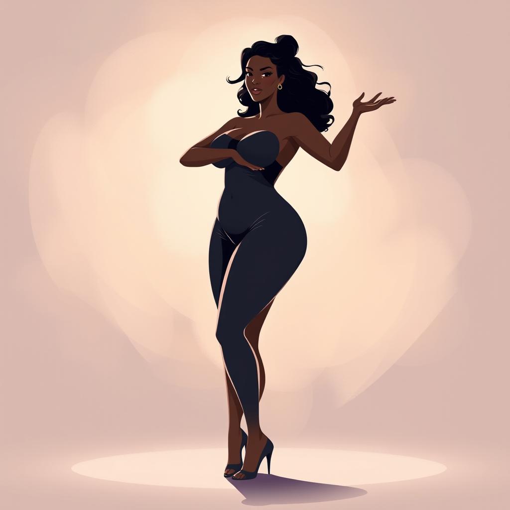 A stylized artistic representation of a confident, curvy woman embracing her body with elegance