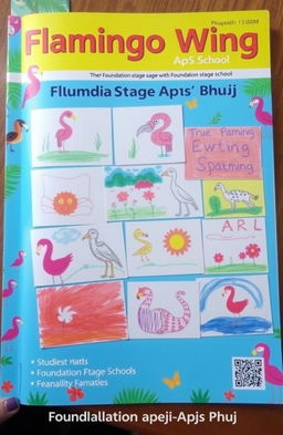 A vibrant and colorful magazine cover for a foundation stage school named 'Flamingo Wing ApS Bhuj'
