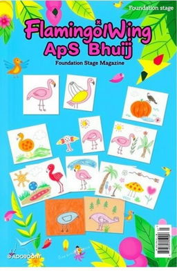 A vibrant and colorful magazine cover for a foundation stage school named 'Flamingo Wing ApS Bhuj'