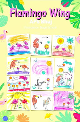 A vibrant and colorful magazine cover for a foundation stage school named 'Flamingo Wing ApS Bhuj'