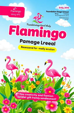 A vibrant and colorful magazine cover page design for a foundation stage school named 'Flamingo Wing ApS' located in Bhuj