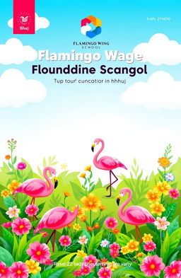 A vibrant and colorful magazine cover page design for a foundation stage school named 'Flamingo Wing ApS' located in Bhuj