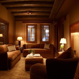 A cozy room bathed in dim, soft light, invitingly furnished with plush seating and tasteful decor.