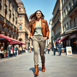 A confident, stylish woman walking through a city street, dressed in a chic modern outfit complete with a trendy jacket, tailored pants, and fashionable boots