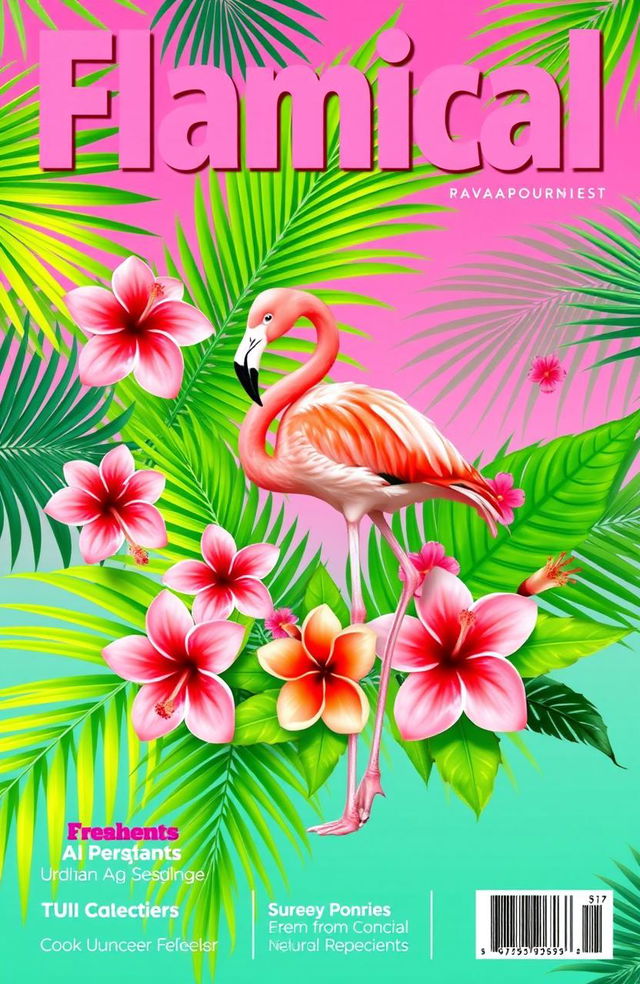 A vibrant magazine cover design in landscape orientation, featuring a tropical Flamingo theme