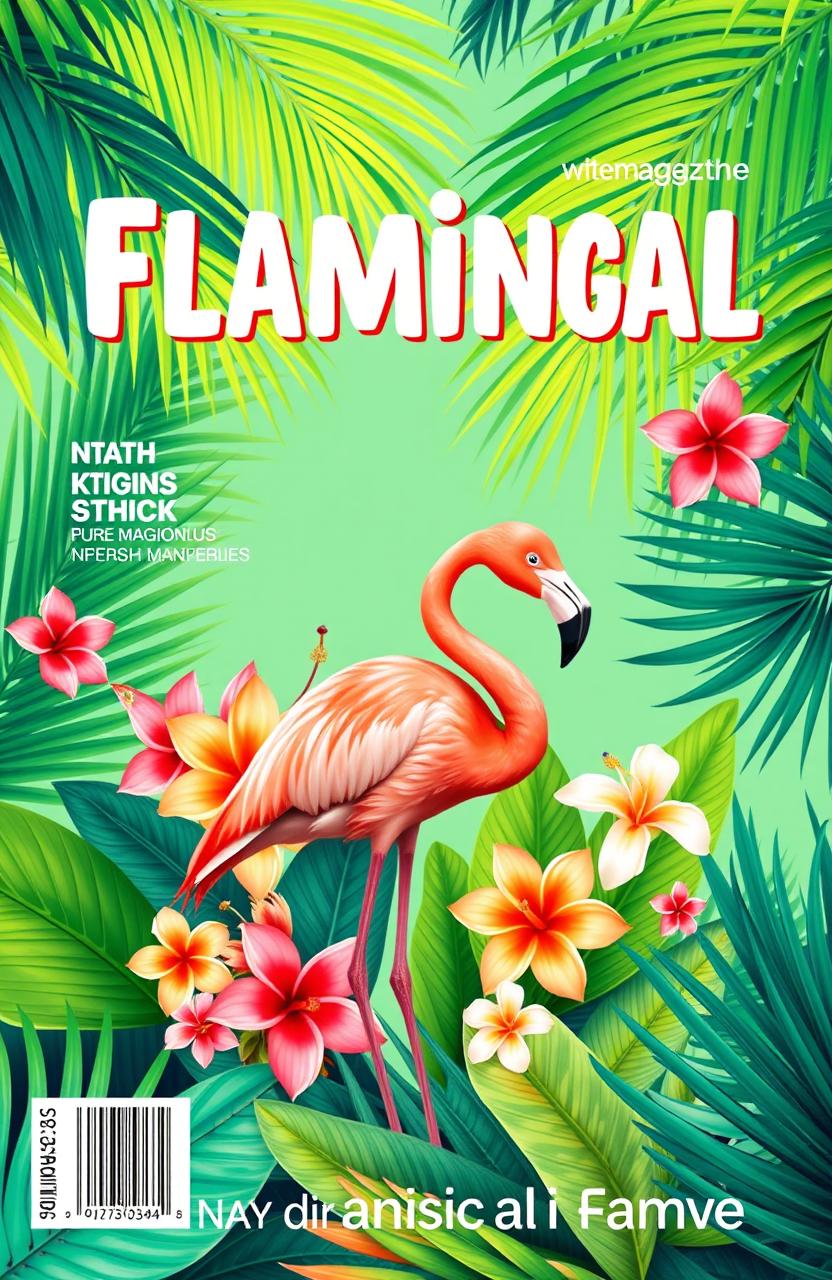 A vibrant magazine cover design in landscape orientation, featuring a tropical Flamingo theme