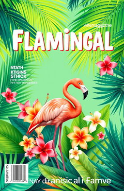 A vibrant magazine cover design in landscape orientation, featuring a tropical Flamingo theme