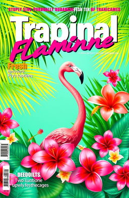 A vibrant magazine cover design in landscape orientation, featuring a tropical Flamingo theme
