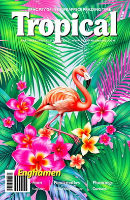 A vibrant magazine cover design in landscape orientation, featuring a tropical Flamingo theme