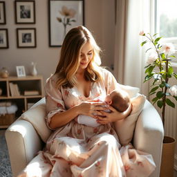 A serene and intimate scene of a woman breastfeeding her baby in a cozy, softly lit room