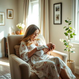 A serene and intimate scene of a woman breastfeeding her baby in a cozy, softly lit room