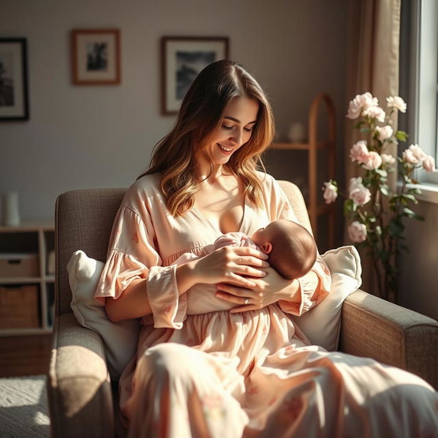 A serene and intimate scene of a woman breastfeeding her baby in a cozy, softly lit room