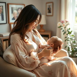 A serene and intimate scene of a woman breastfeeding her baby in a cozy, softly lit room