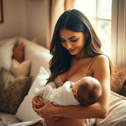 A tasteful and intimate scene of a woman breastfeeding her baby, focusing on her nurturing expression and the bond between them
