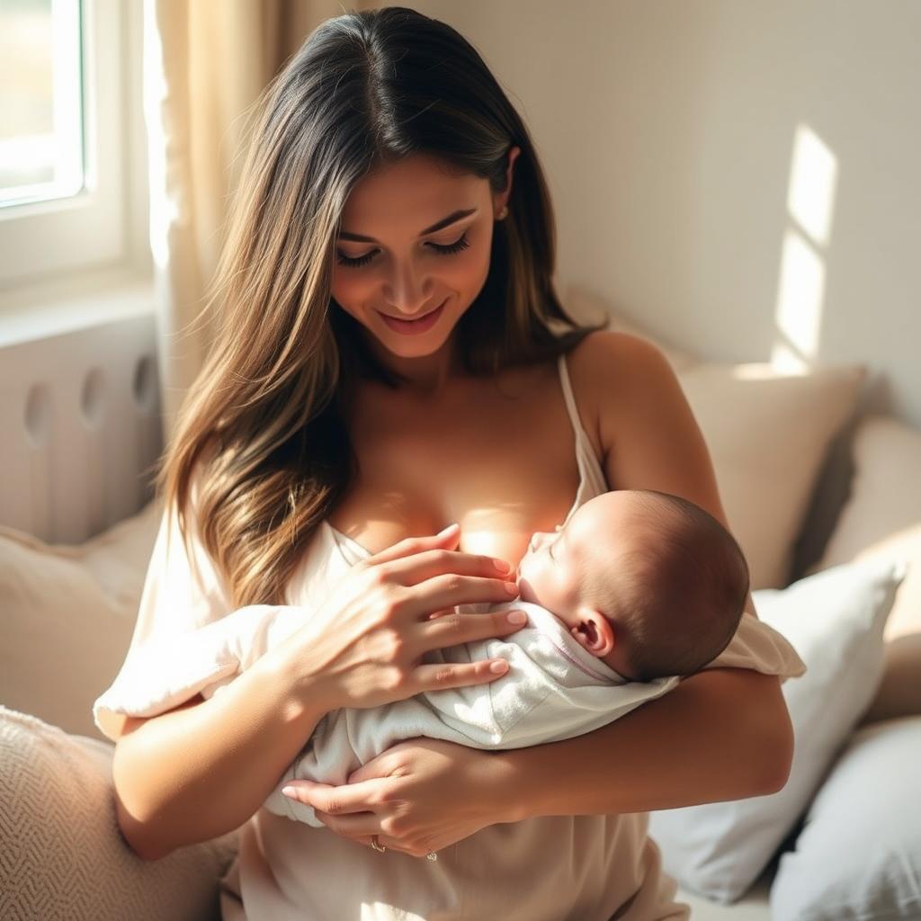 A tasteful and intimate scene of a woman breastfeeding her baby, focusing on her nurturing expression and the bond between them